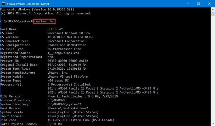 بررسی مشخصات سیستم و پیدا کردن مشخصات کامپیوتر در ویندوز10 با استفاده از Command Prompt